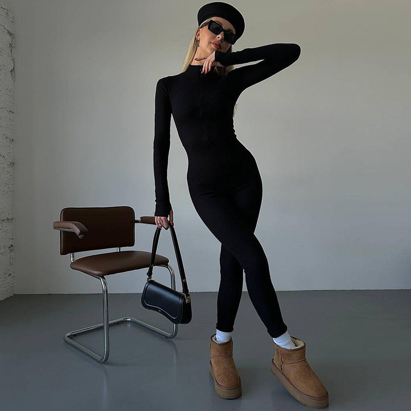 Women’s Fashion Personality Chest Zipper Slim-fit Long-sleeved Stretch Bottoming Jumpsuit