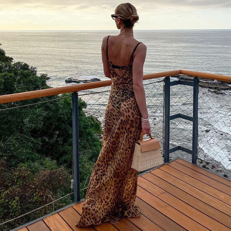 Clothing Slim Fit Backless See-through Leopard Print Dress