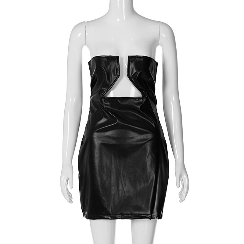 PU Leather Personalized Off-neck Low-cut Tight-fitting Sleeveless Backless Dress