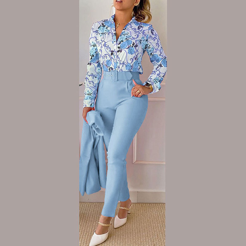 Women’s Fashionable Printed Long-sleeved Shirt And Trousers Suit