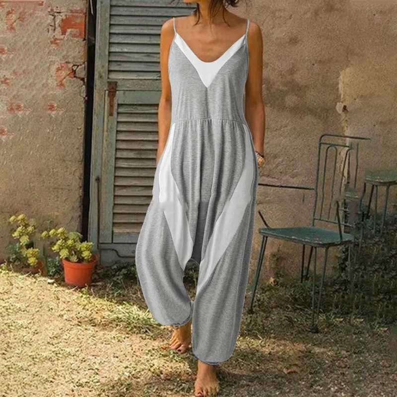 Sleeveless Loose Stitching Suspenders Jumpsuit