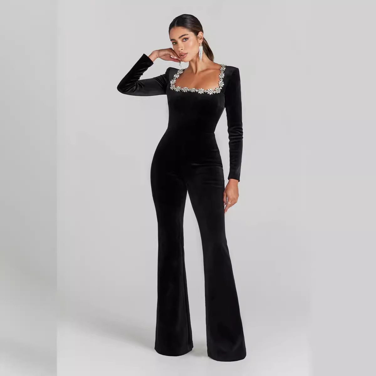 Women’s Fashion Diamond Hollow High Waist Slim-fit Solid Color Jumpsuit