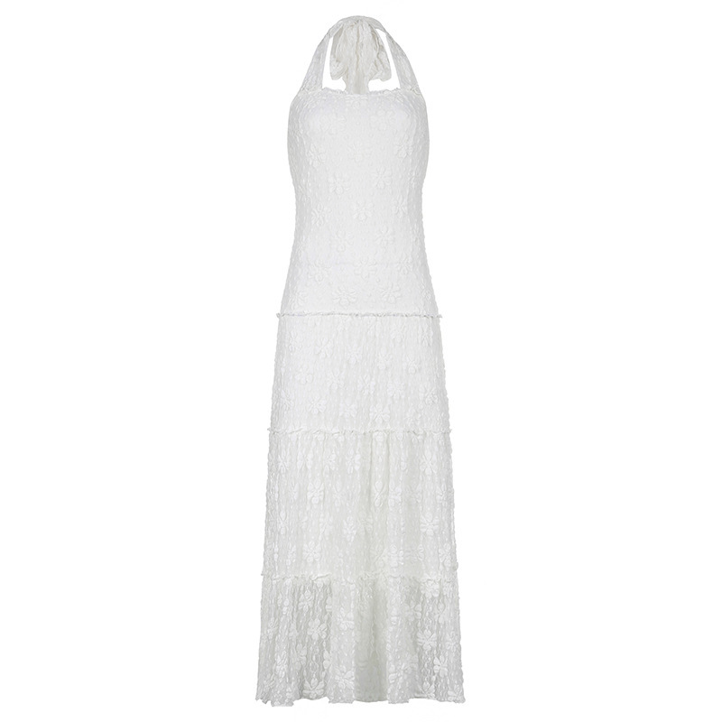 Temperament Pure Color Lace Stitching Sleeveless Halter Backless Lace-up Dress