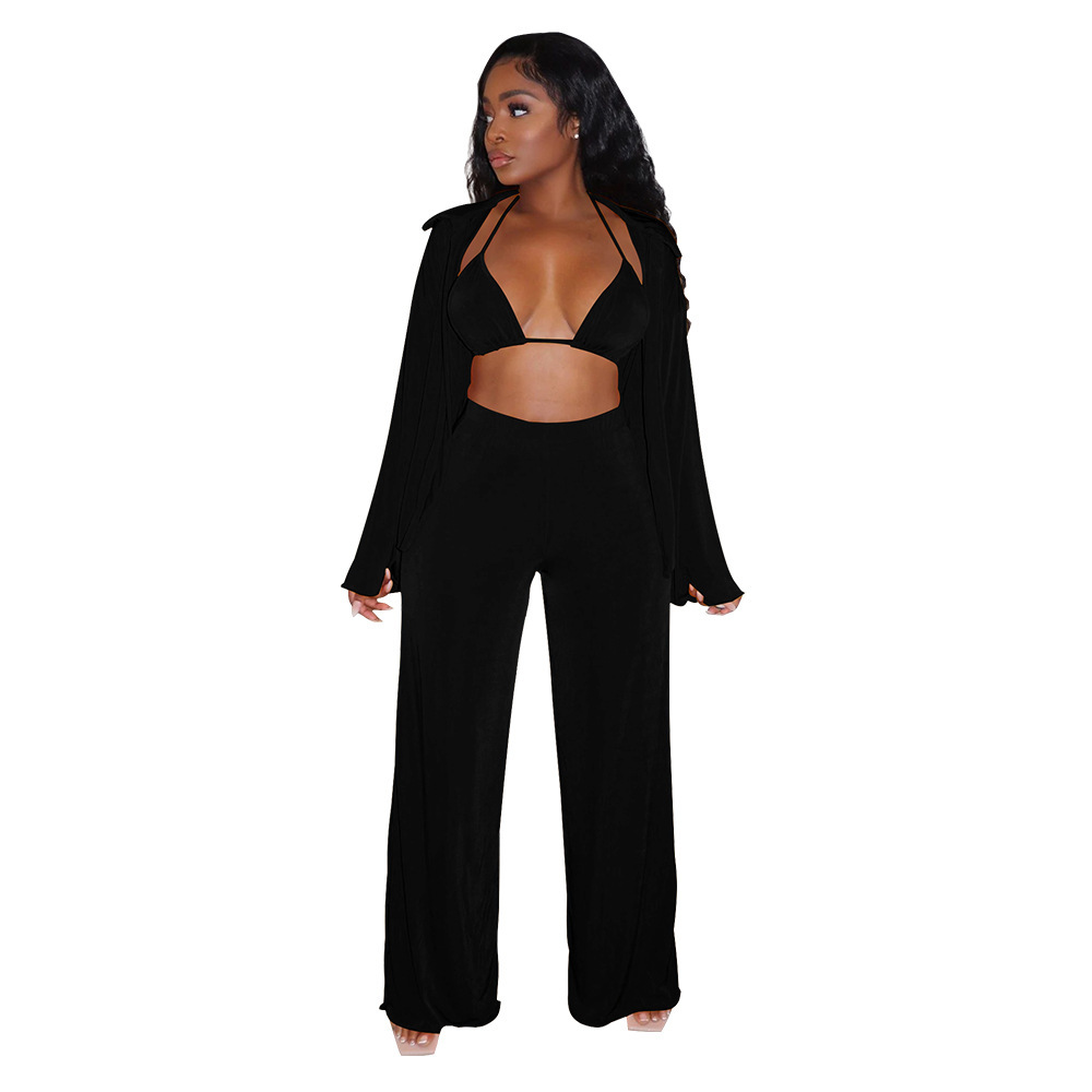 Women’s Fashion Casual Long Sleeve Bikini Wide Leg Pants Suit