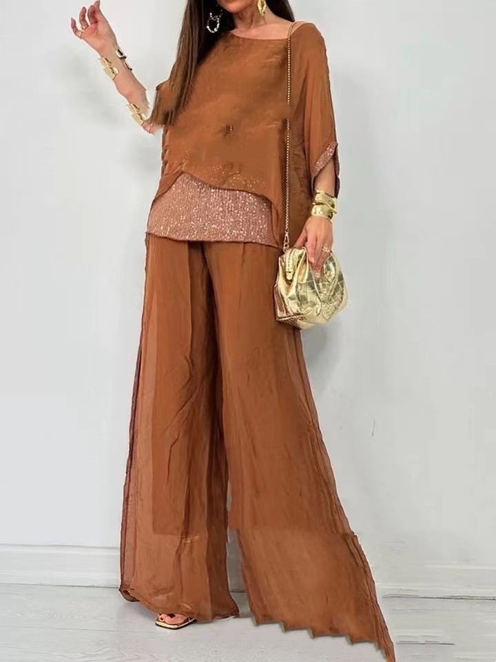 Chiffon Round Neck Short Sleeve Sequin Stitching Trousers Casual Suit