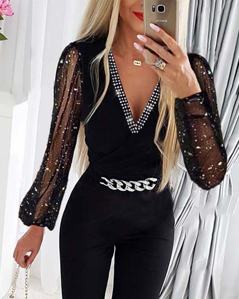 Women’s V-neck Rhinestone Mesh Jumpsuit