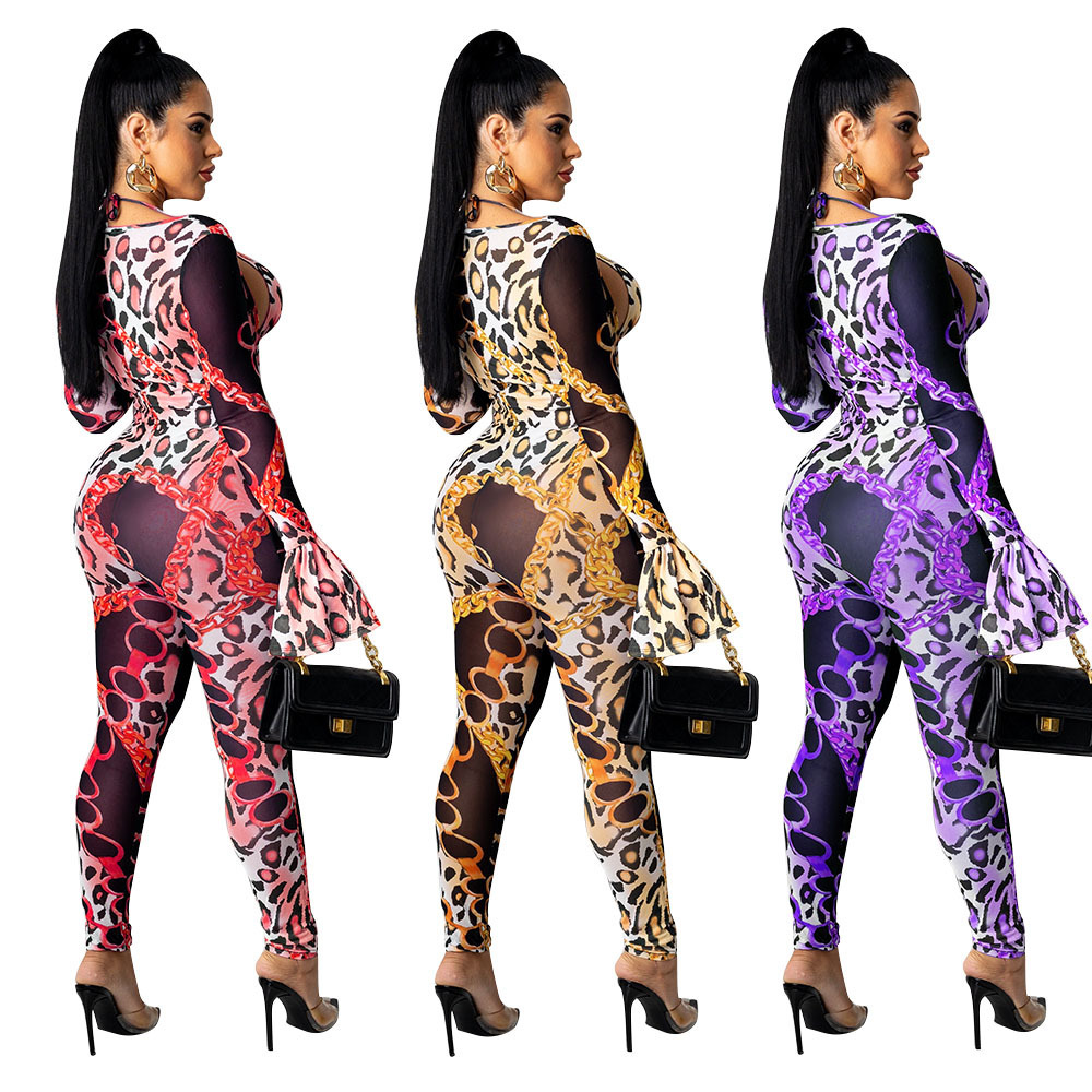 Women’s Clothing Tight Mesh See-through Digital Printed Two-piece Suit Female