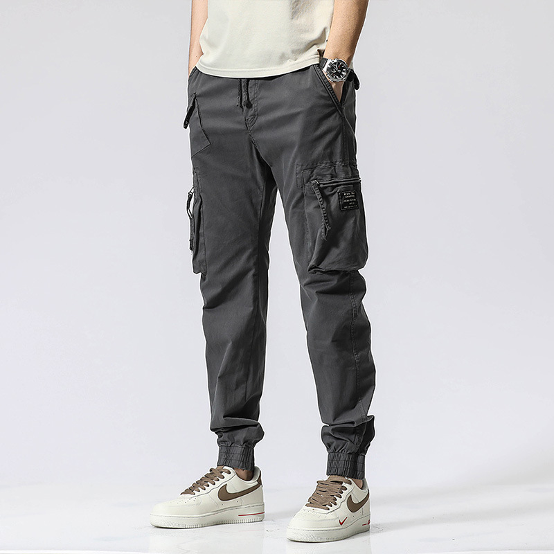 Casual Pants Trendy Brand Elastic Waist Men’s Youth Simple Pure Cotton Multi-pocket Work Pants Trousers Ankle-tied