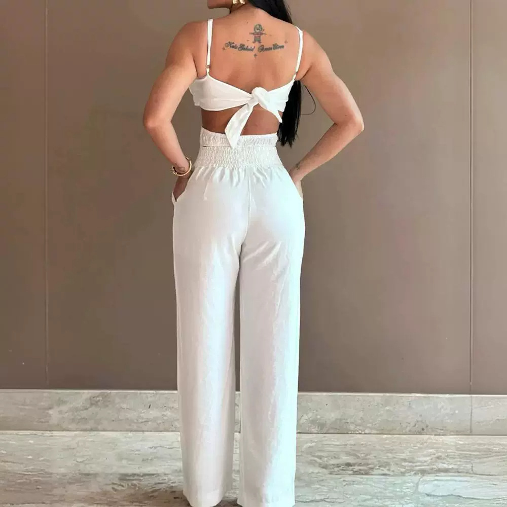 Women’s White Three-dimensional Flower Design Sling One-piece Trousers