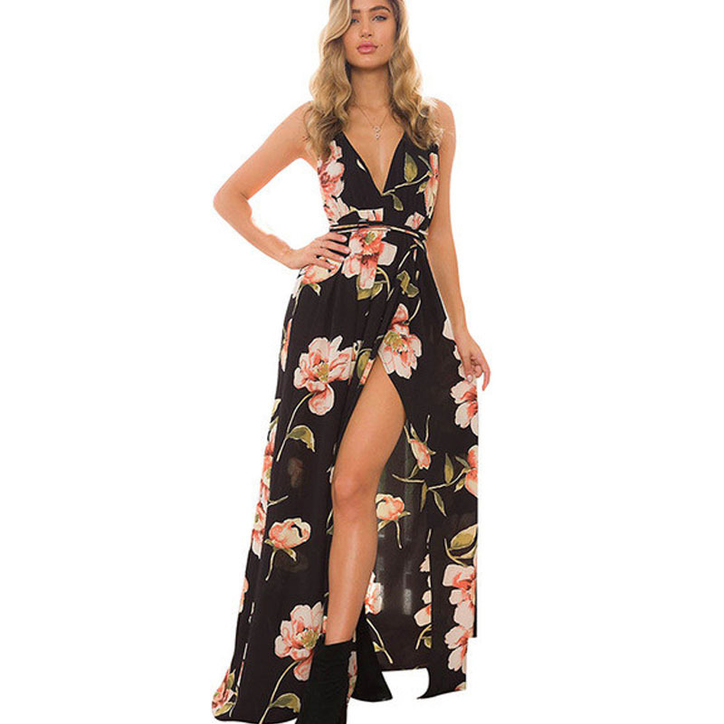 Sleeveless printed low-cut halter strap maxi skirt