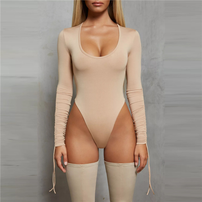 Sexy Solid Color Long Sleeve Scoop Neck Bodysuit – Stretchy Micro Elasticity, Drawstring Details, Machine Washable – Perfect For Spring And Fall Season