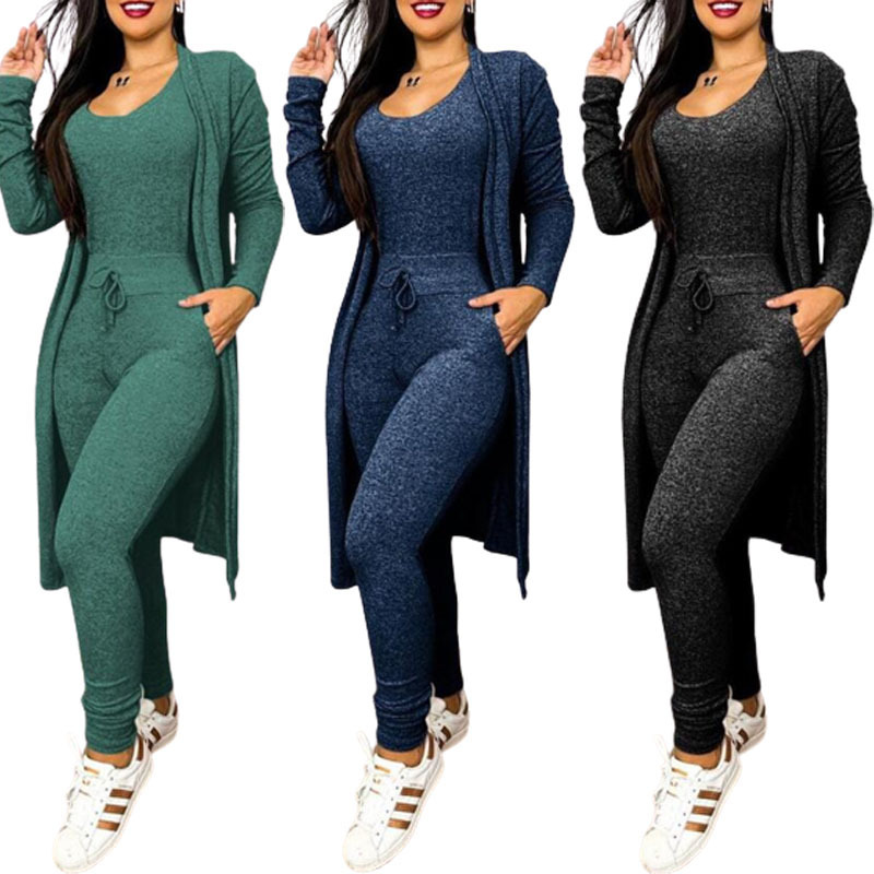 Women’s Casual Suit High Waist Slip-on Casual Pants Drawstring Pocket Design Jumpsuit And Cardigan Cover