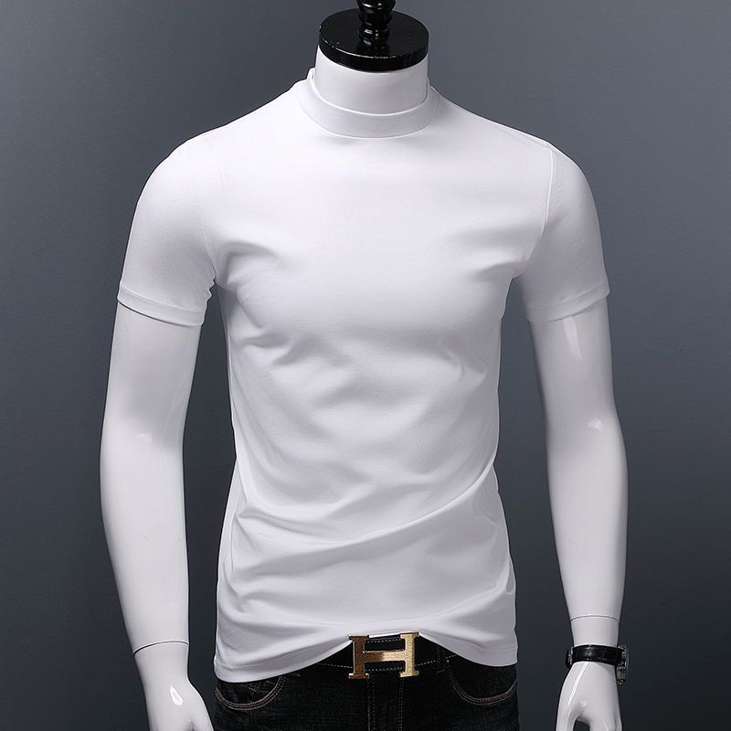 Men’s Slim-fit Solid Color Mercerized Cotton Half-high Collar Short Sleeve