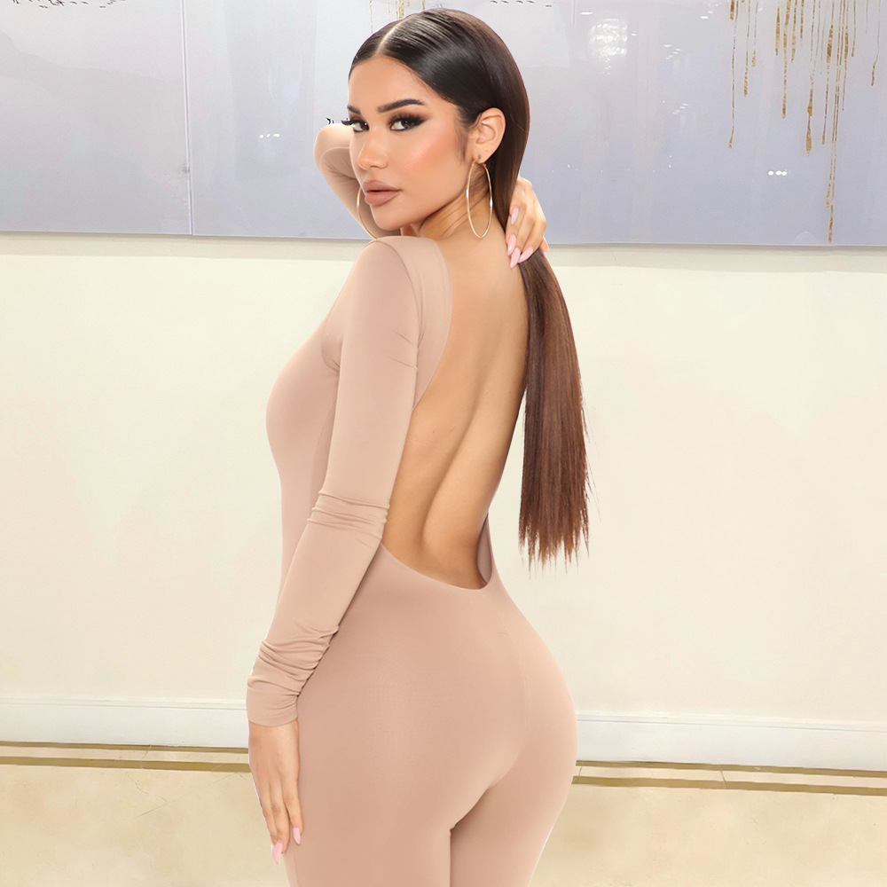 Solid Color Sexy Backless Tight-Fitting Long-Sleeved Jumpsuit