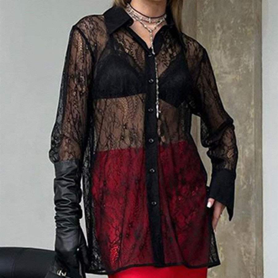 Fashionable See-through Black Lace Shirt For Women