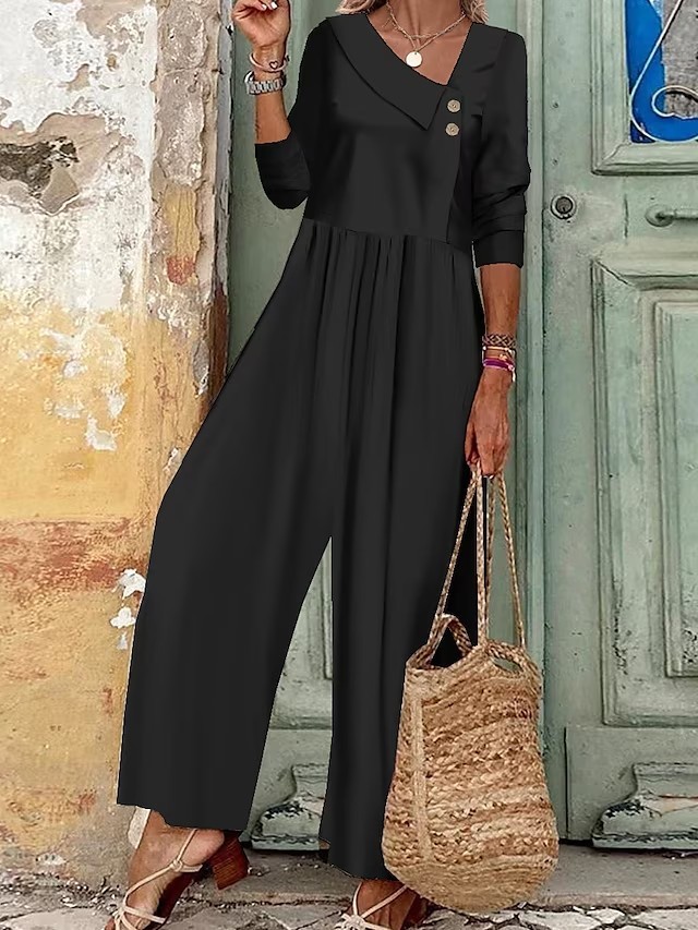 Women’s Button Up Jumpsuit With Solid V-neck