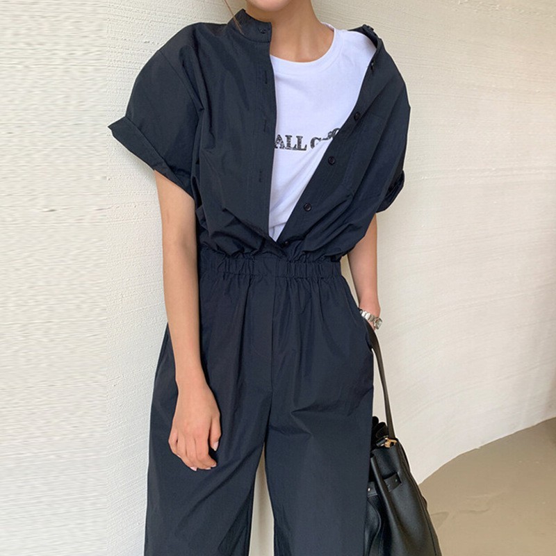 Women’s Summer Retro Stand Collar High Waist Wide Leg Straight Short-sleeved Jumpsuit