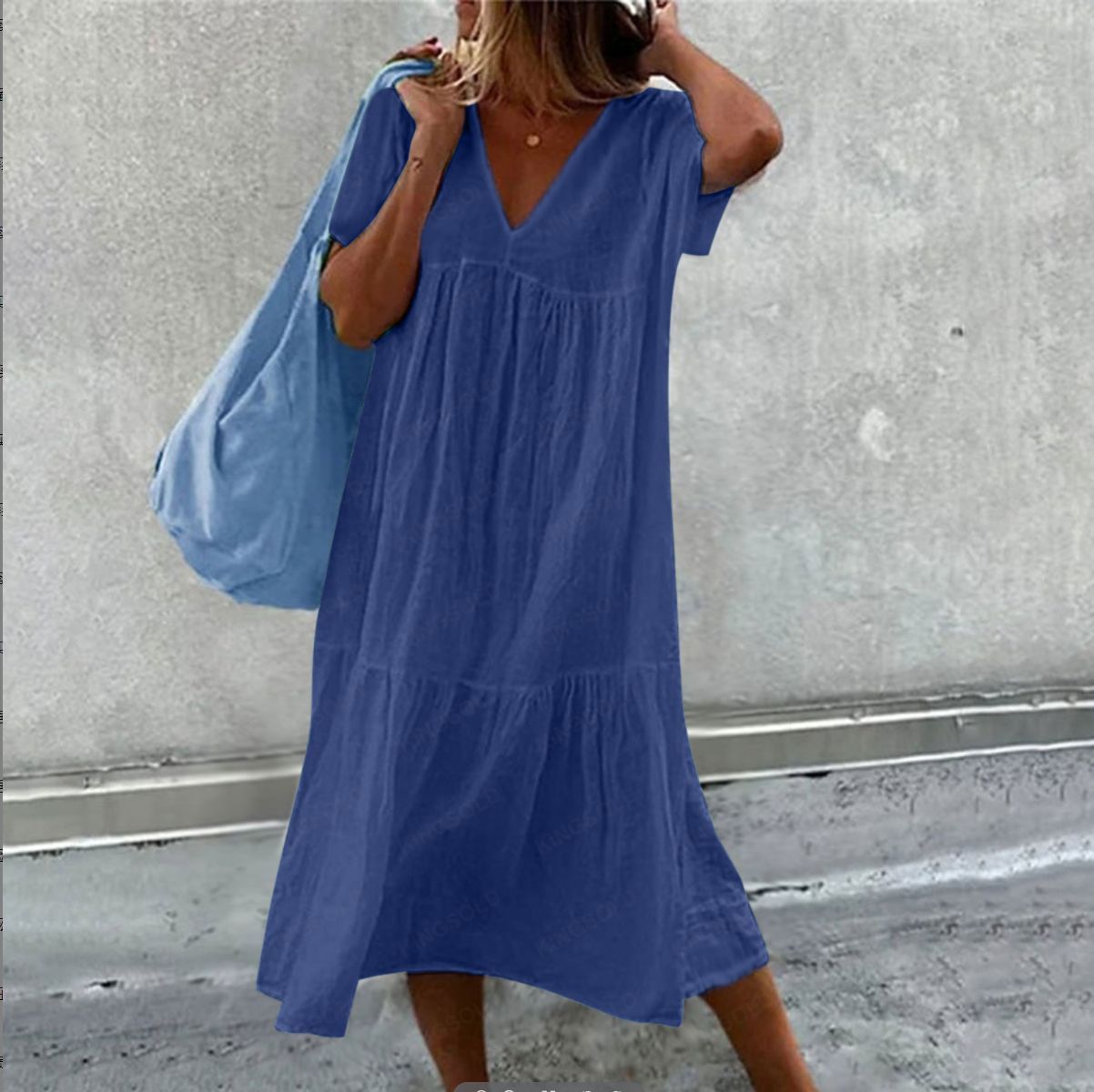 Round Neck Short Sleeve Cotton And Linen Mid-length Dress