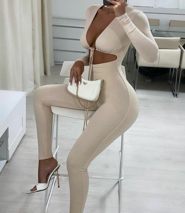 European And American Women’s New Long-sleeved Tight-fitting Belly Button Jumpsuit