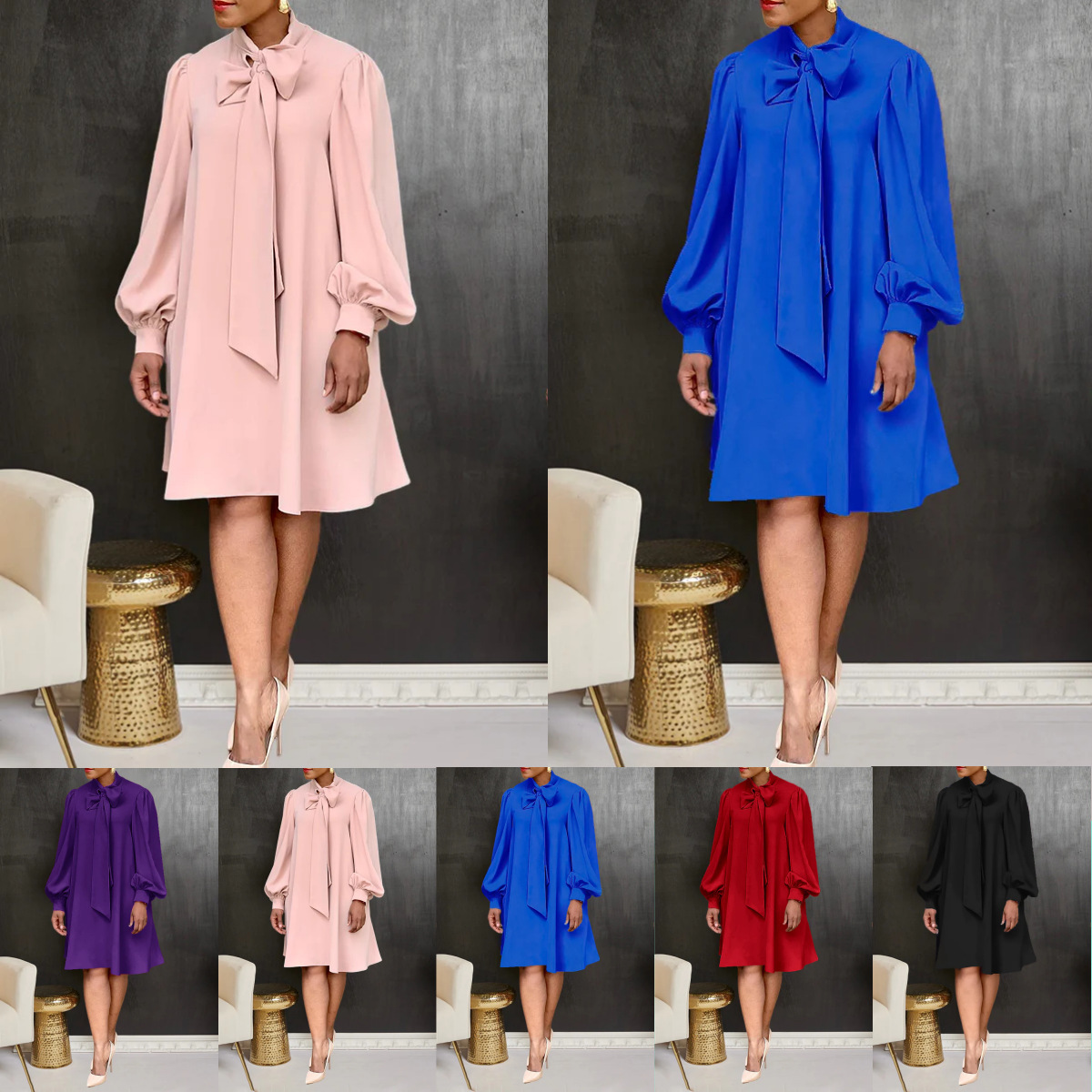 Women’s Pure Color Tied Bow Lantern Long Sleeve Dress