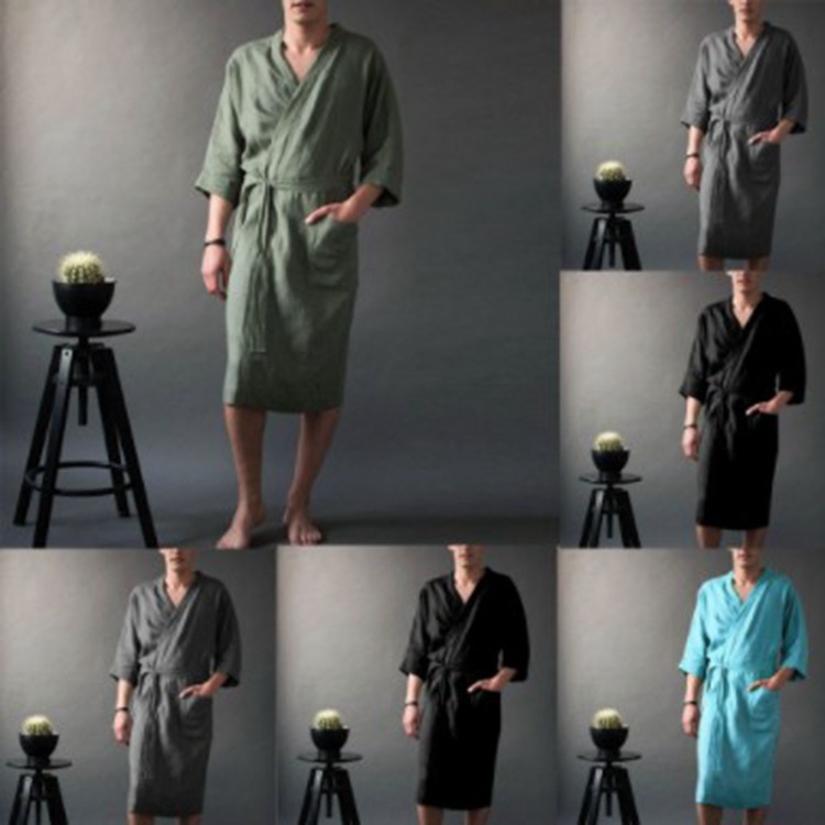 Men’s And Women’s Long Solid Color Linen Pajamas Robe Bathrobe