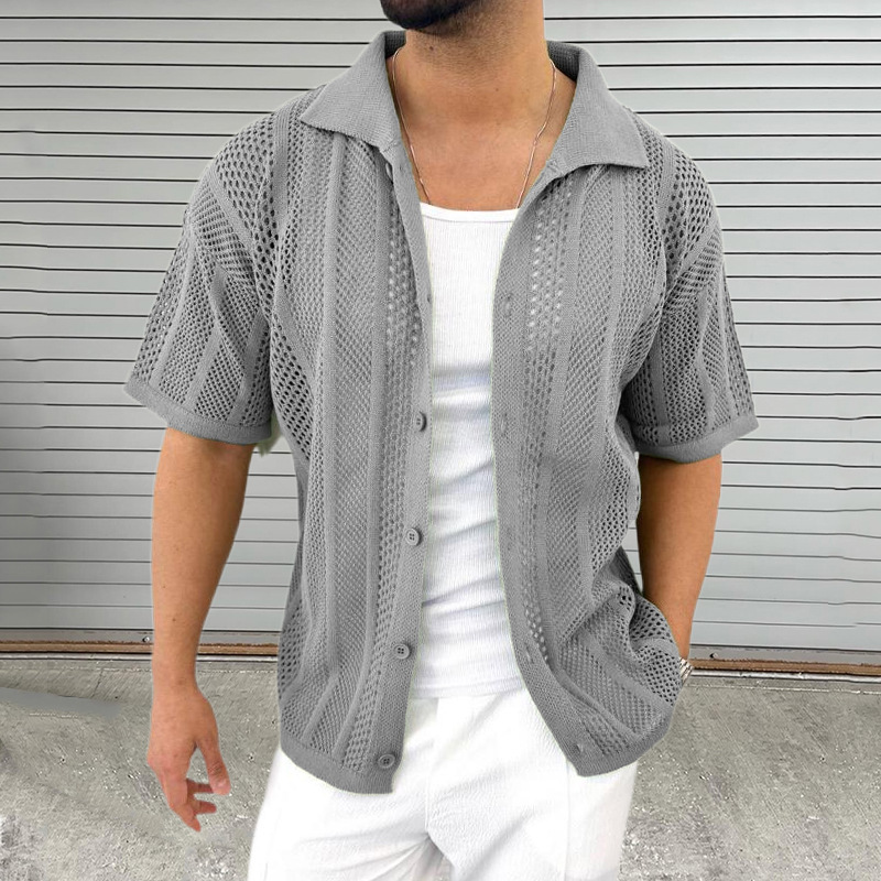 Men’s Thin Sweater Lapel Short Sleeve Hollow Cardigan