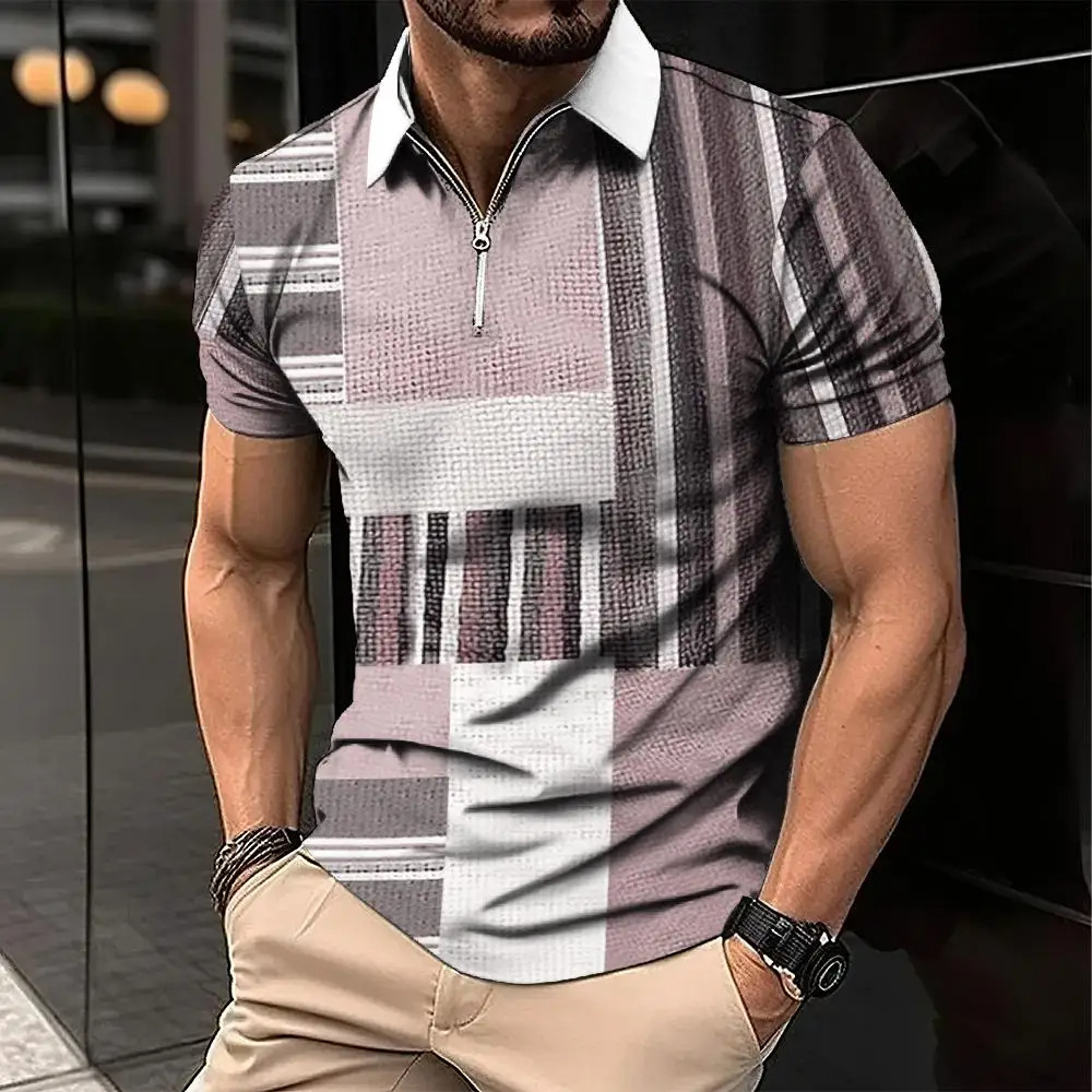 Men’s Retro Fashion Plaid Pattern 3D Casual Zipper Lapel Short Sleeve