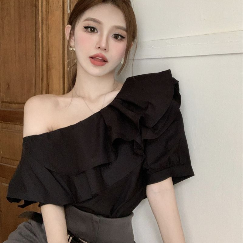 Women’s Ruffled Off-the-shoulder Long Sleeve Design Elegant Socialite Shirt