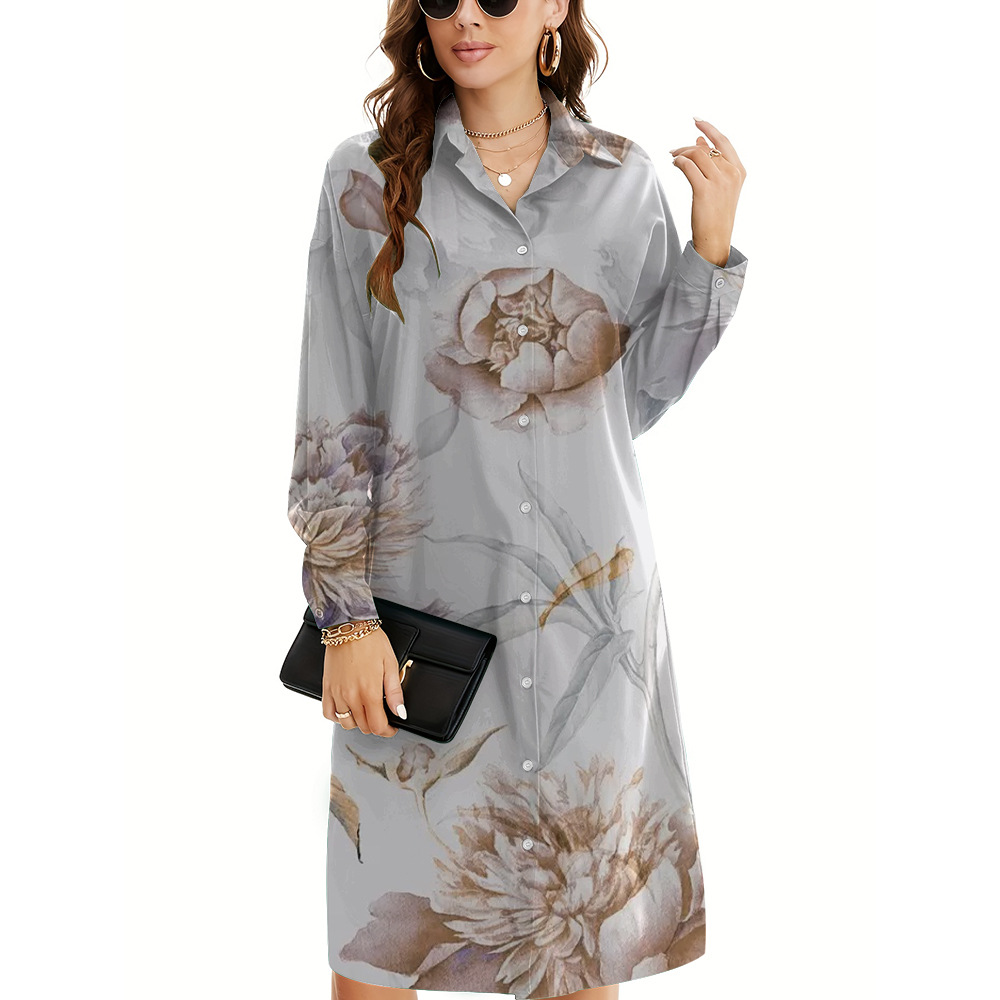 Exquisite Pattern Printing 3D Digital Lapels Shirt Skirt Elegant Long-sleeved Skirt