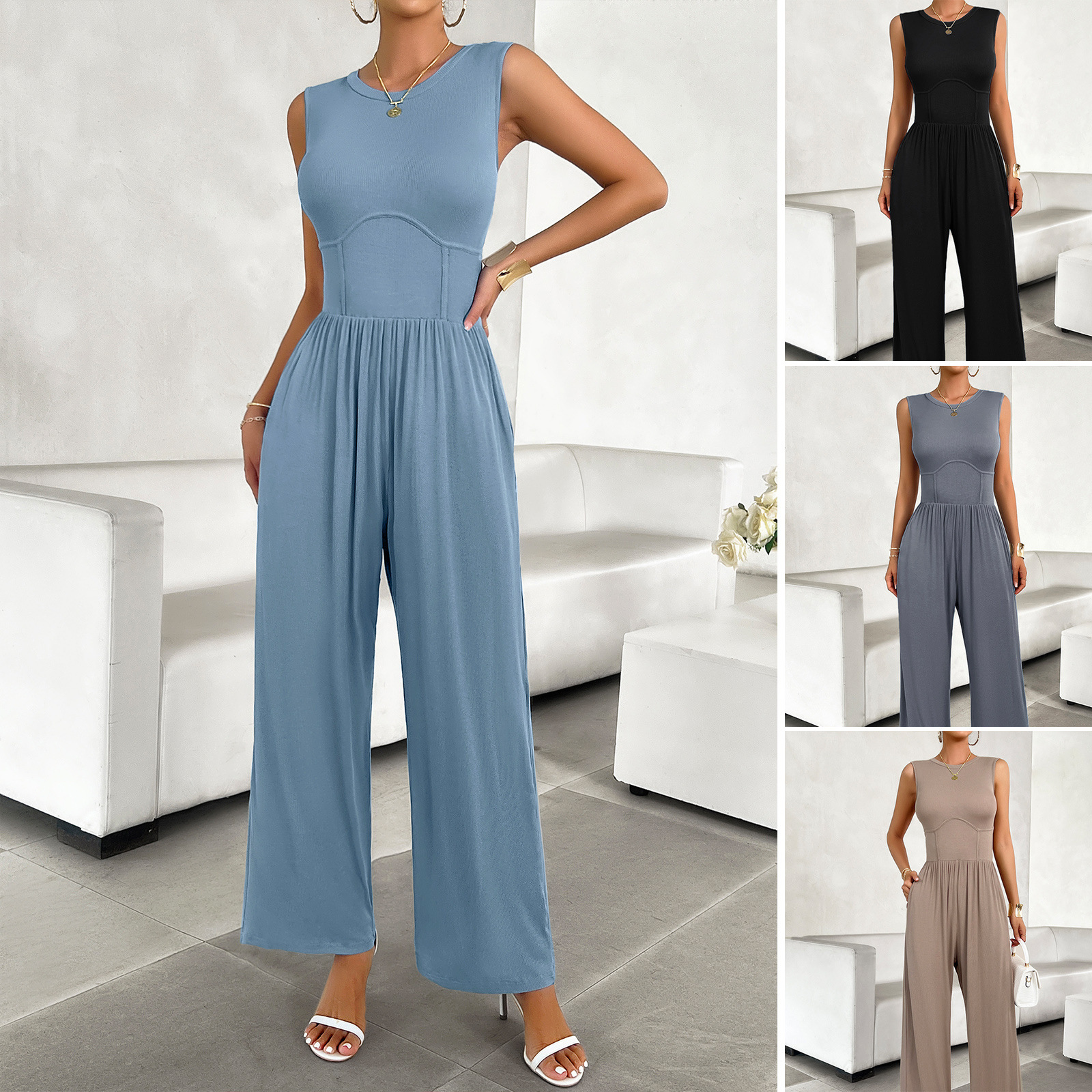 Temperament Pure Color Slim Sleeveless Jumpsuit