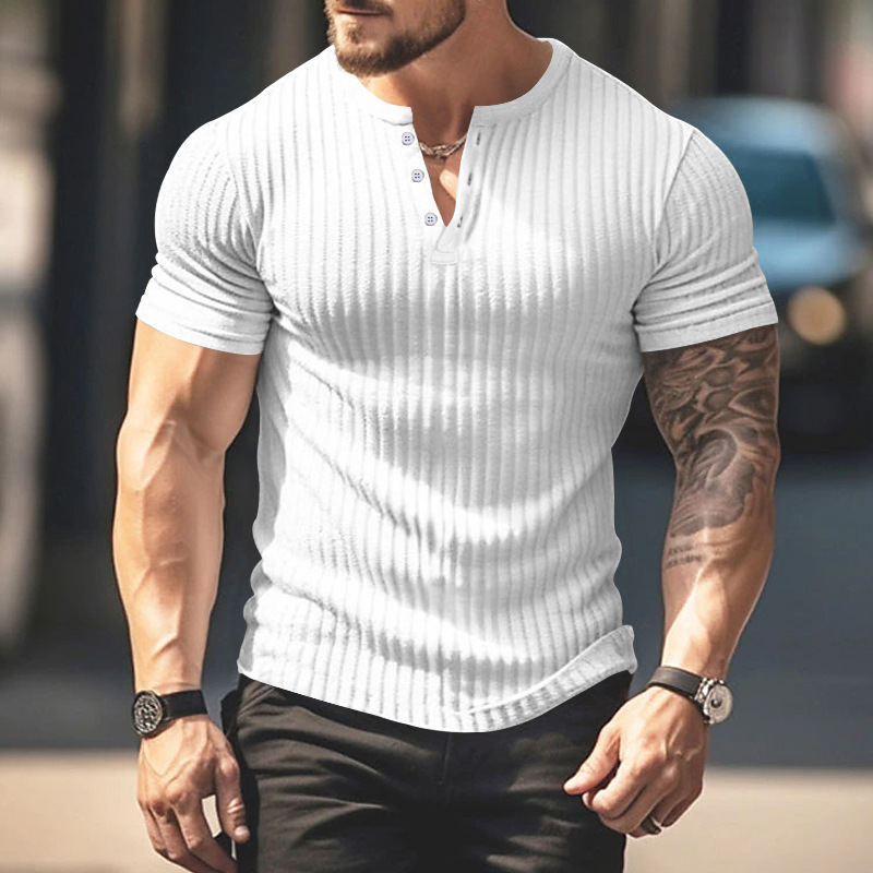 Men’s Short Sleeve Top Sunken Stripe V-neck Slim Fit Henley T-shirt