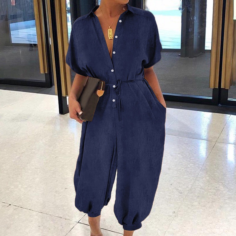 Solid Color Plus Size Casual Short Sleeve Denim Jumpsuit