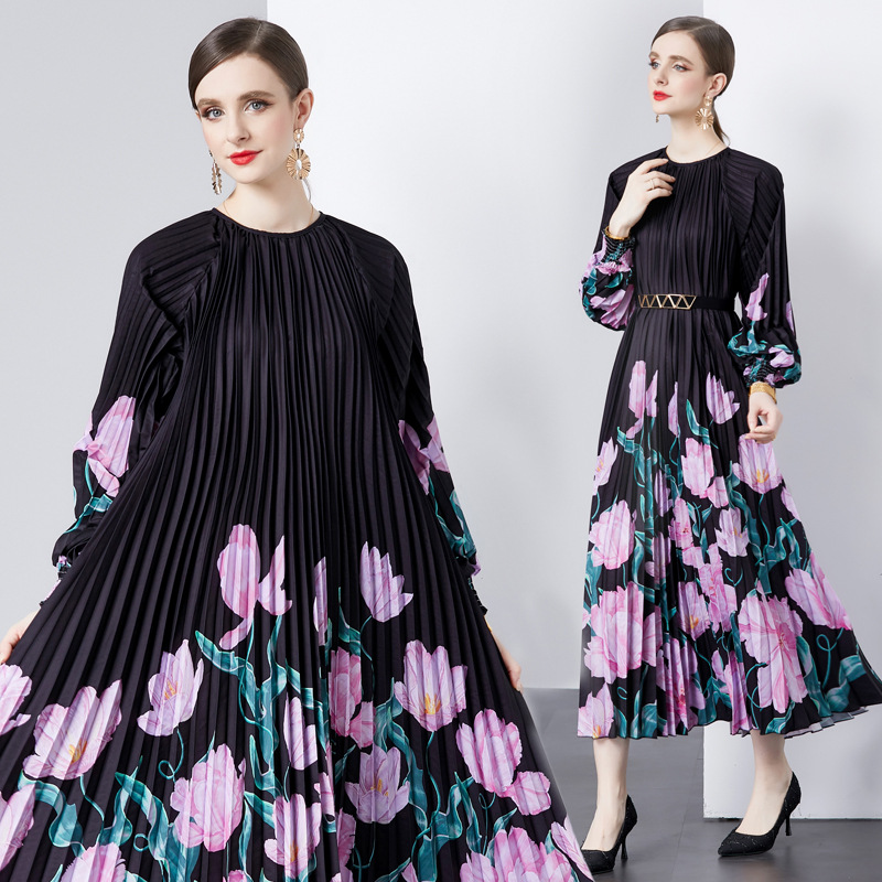 Women’s Fashion Vintage Printed Round Neck Long Sleeve Dress