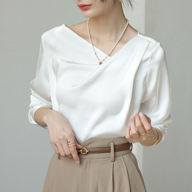 French White Satin Design Irregular Versatile Shirt Top