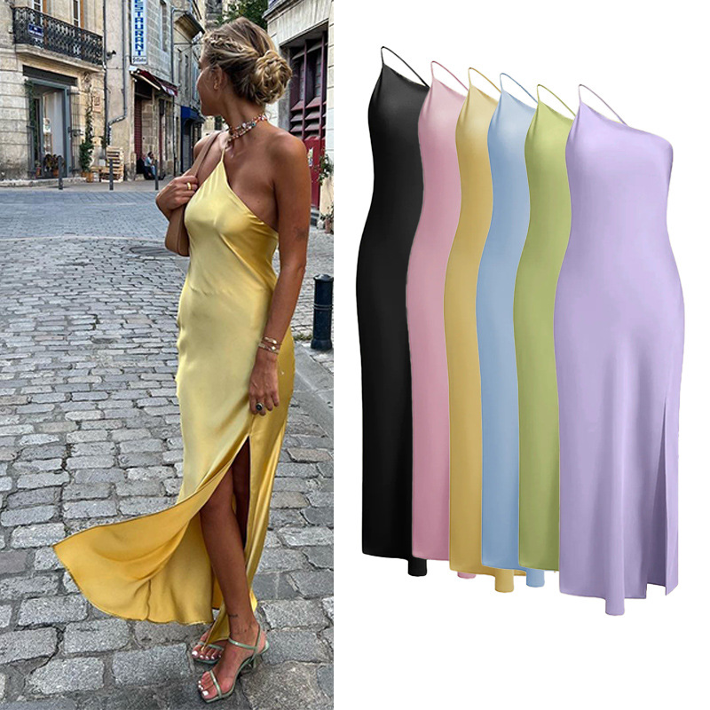 Slim-fit Shoulder Solid Color Backless Long Dress