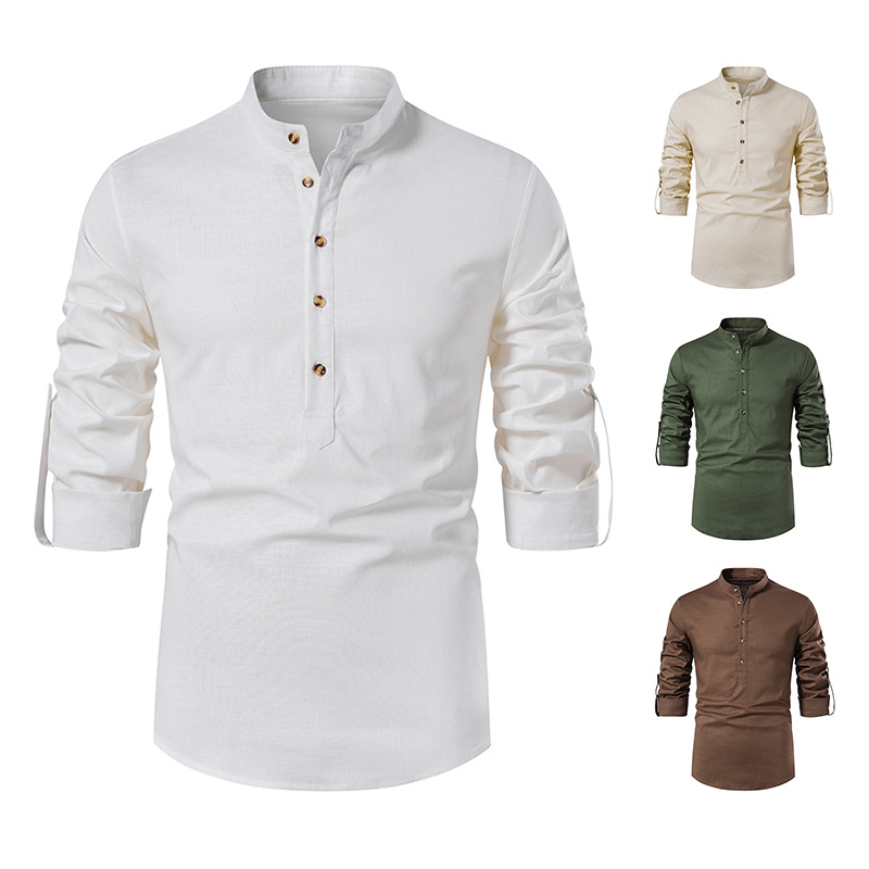 New Men’s Solid Color Long Linen Sleeves Shirt