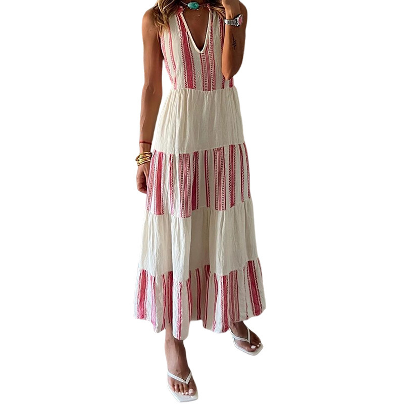 Striped Printed V-neck Sleeveless Mid-length Dress