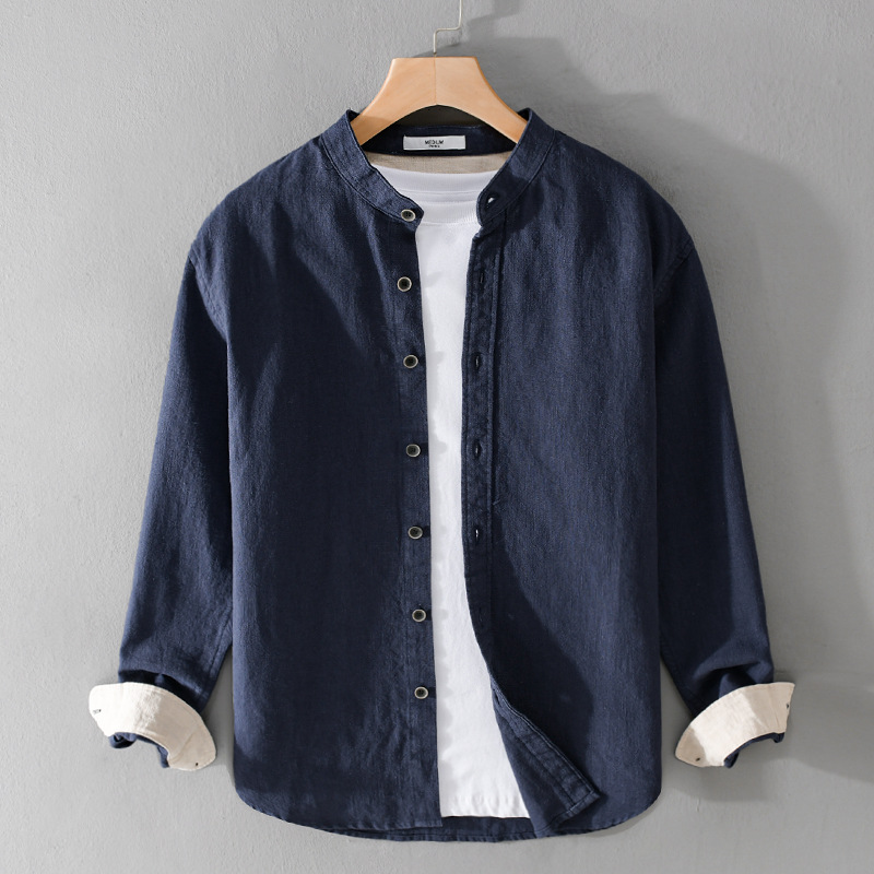 Men’s Fashion Casual Simple Cotton Linen Long Sleeve Blouse