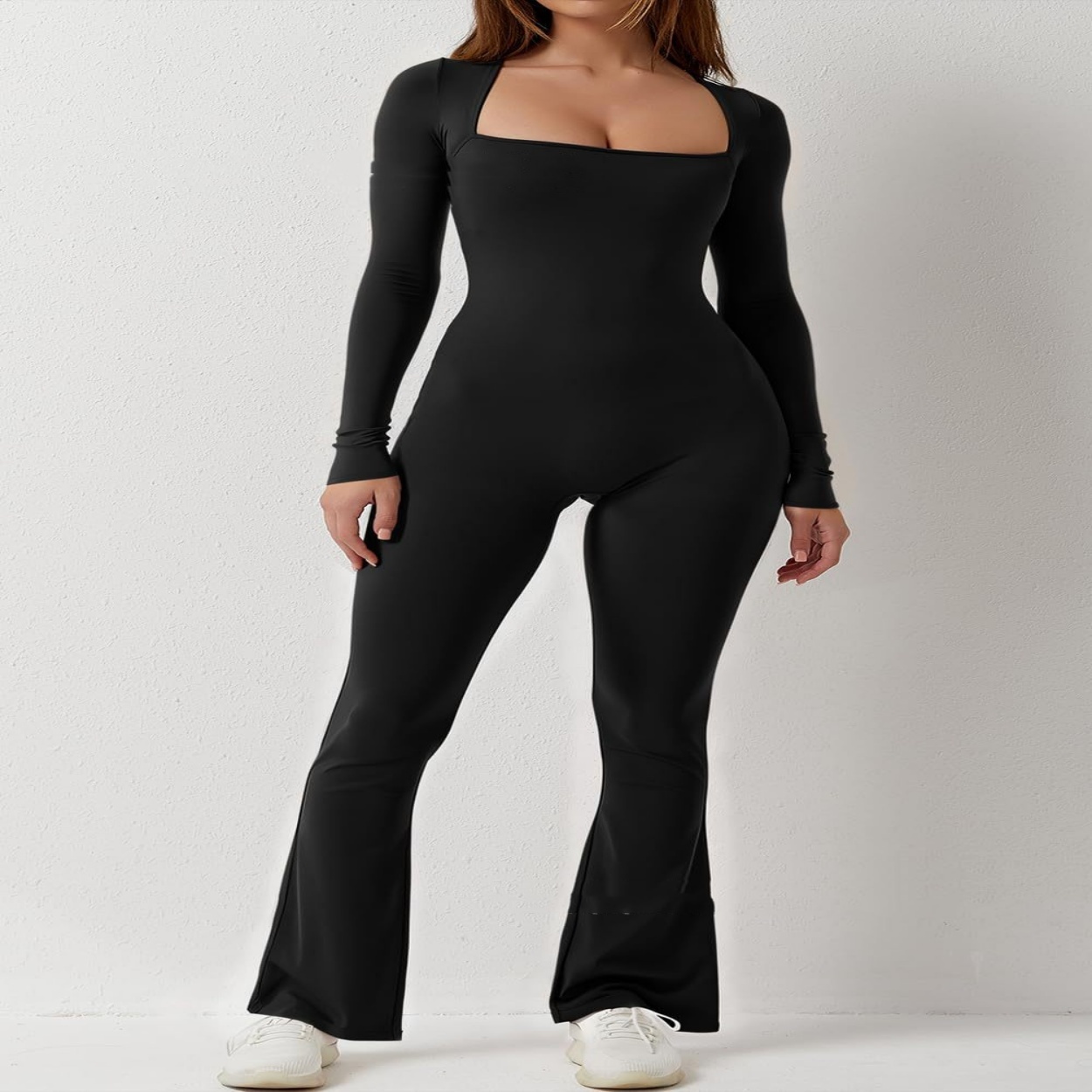 Women’s Square Collar Solid Color Long Sleeve Jumpsuit