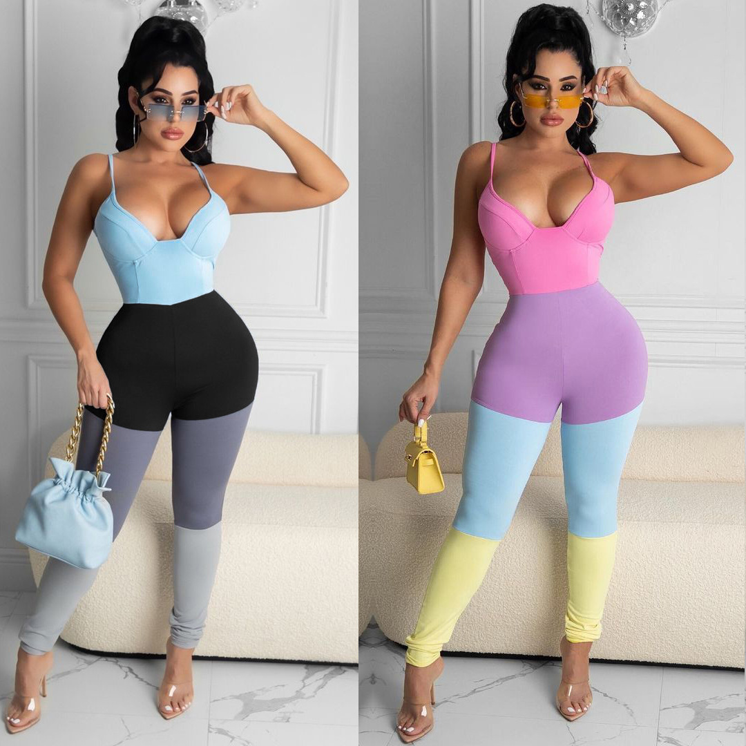 Multi-color Mosaic Vest Sexy Suspenders Jumpsuit