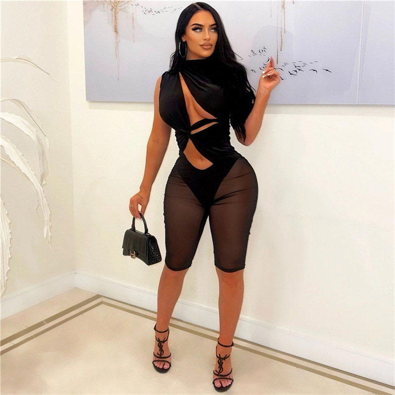 Summer Women’s Clothing New Sexy Hollow-out Mesh Stitching High Waist Sheath Sleeveless Tight Jumpsuit