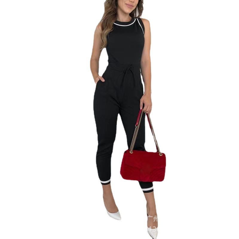 Round Neck Sleeveless Vest Contrast Color Jumpsuit