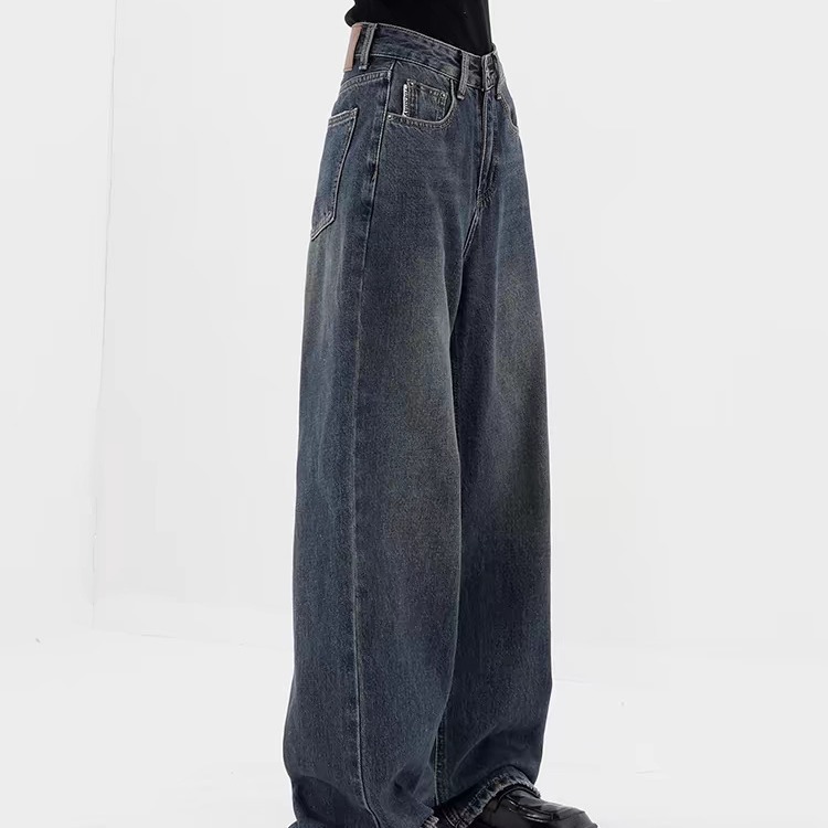 Retro Dark Blue Wide Leg Jeans Baggy Straight Trousers