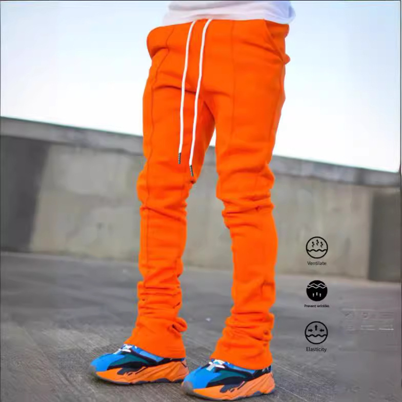 Men’s Sports And Leisure Four Seasons Long Bell-bottom Pants Slim Lace Elastic Waist Solid Color Trousers