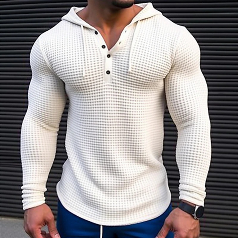 Men’s Waffle Button Hoodie T-shirt Top Vacation Long Sleeve Casual Fashion