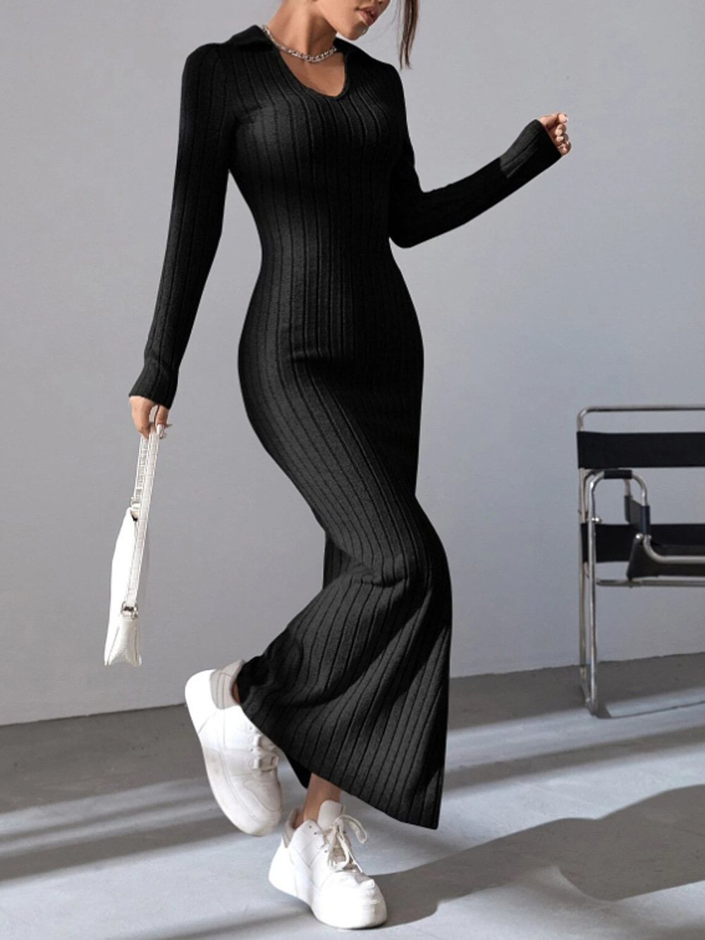 Knitted Slim-fit Lapel Long-sleeved Dress Pitted Solid Color Tight Long Skirt