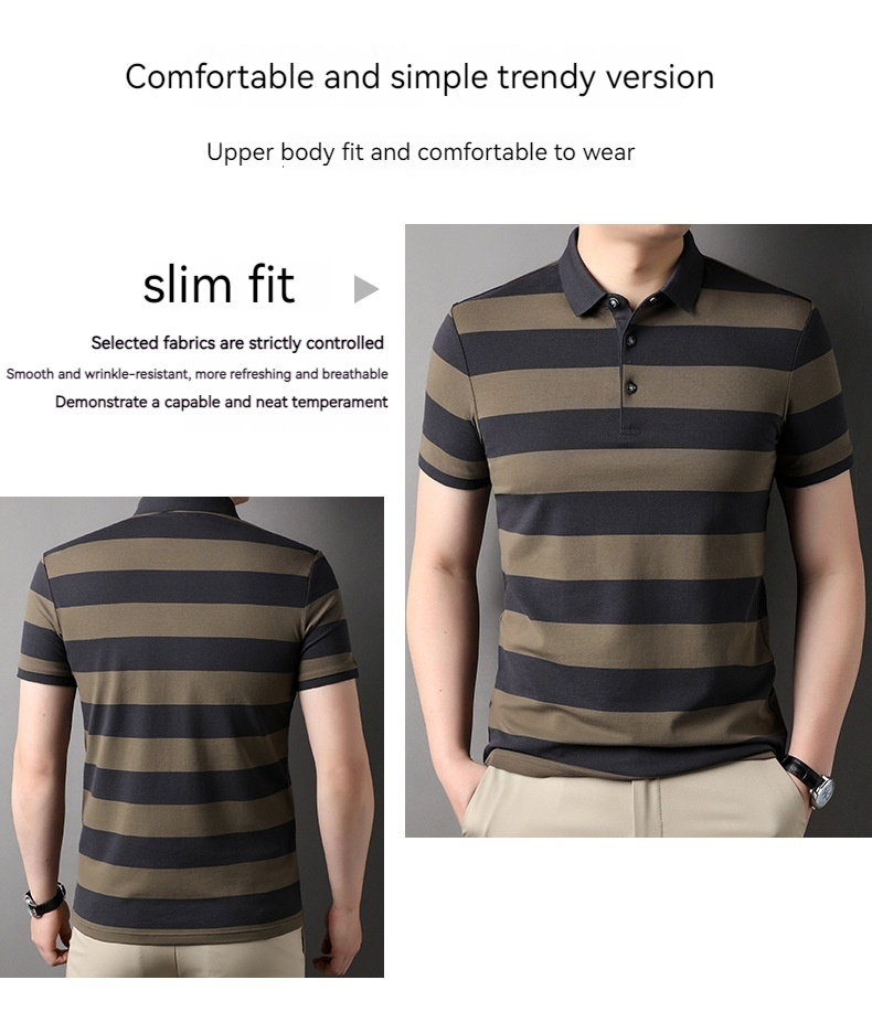 Men’s Polo Shirt Short-sleeved Lapel T-shirt 2024 Striped Business Casual Lead Basic All-matching