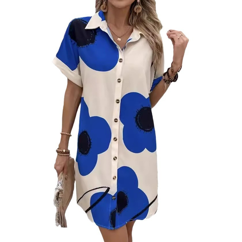 Plus Size Women’s Printed Pleated Loose Shirt Dress