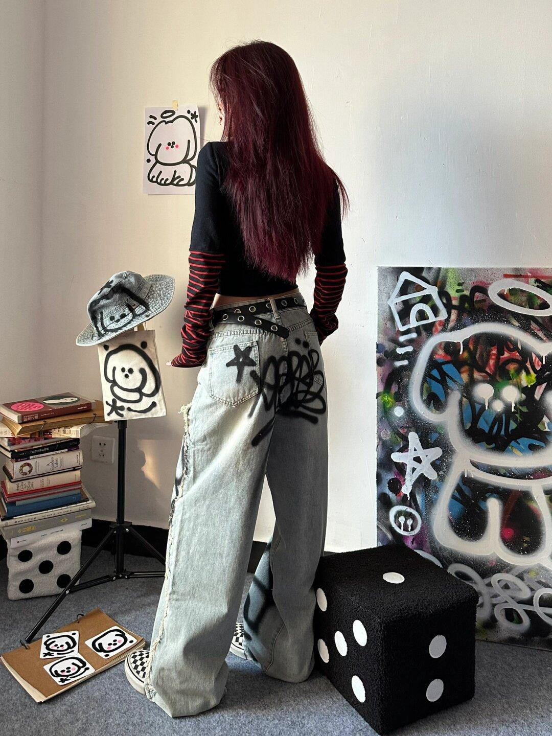 Women’s Retro Y2g Graffiti Loose Jeans