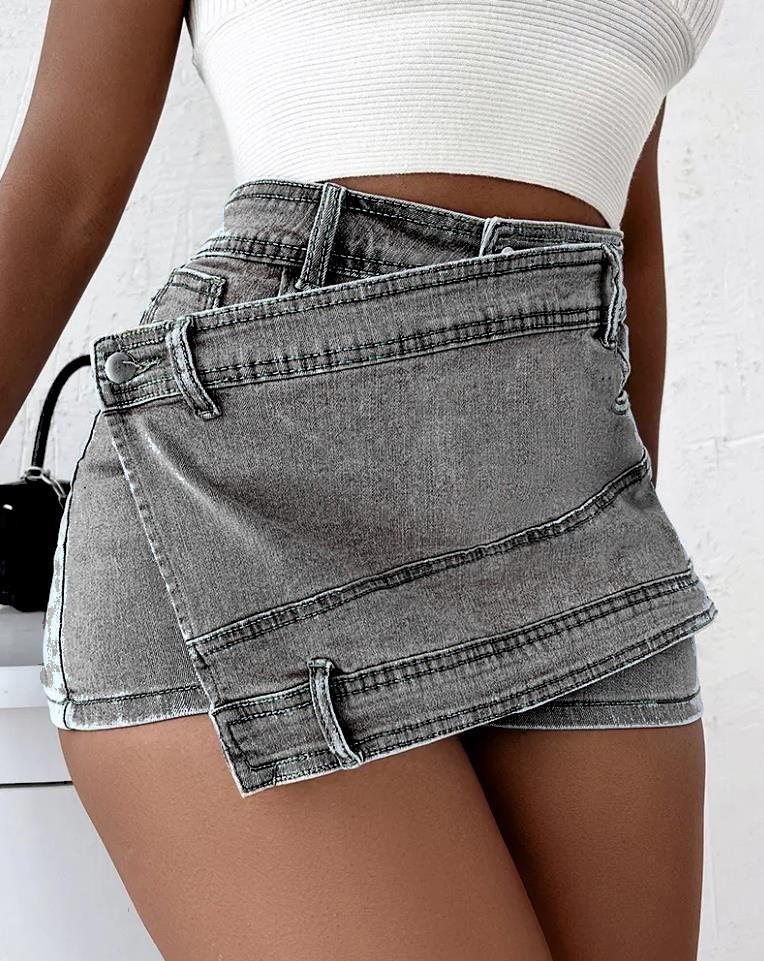 Y2K Street Vintage Denim Shorts Stretch Overlap Waist Wrap Solid Asymmetrical Hem A-Line Skinny Mini Shorts Skirt